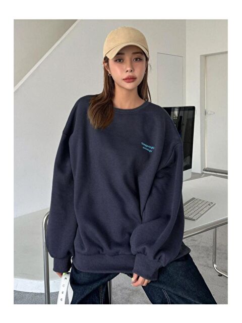 Trendseninle Kadın Lacivert Staggertly Baskılı Bisiklet Yaka Sweatshirt - S000106720-21164