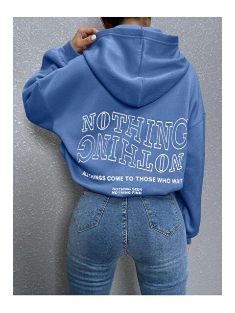 Trendseninle Kadın Mavi Ters Düz Nothing Baskılı Oversize Sweatshirt - S000106901-17234