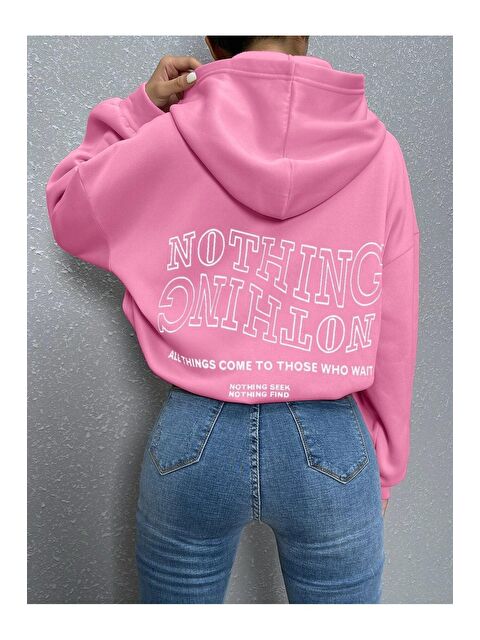 Trendseninle Kadın Pembe Ters Düz Nothing Baskılı Oversize Sweatshirt - S000106901-20024