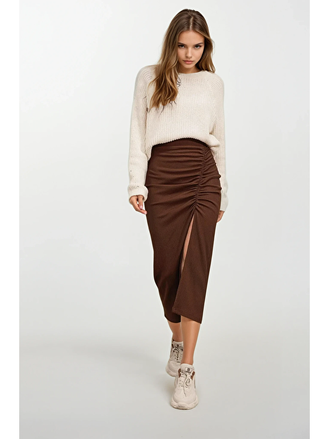 Hazelin Kadın Kahverengi Yırtmaçlı Uzun Etek HZL22S-BD118801 - S000058658-19413