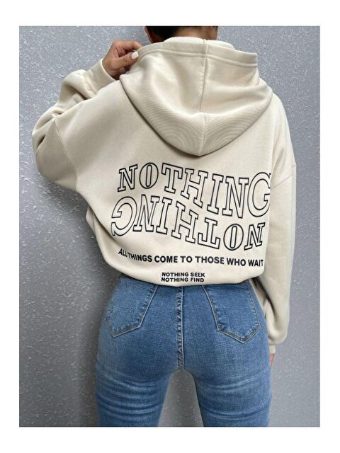 Trendseninle Kadın Bej Ters Düz Nothing Baskılı Oversize Sweatshirt - S000106901-19928