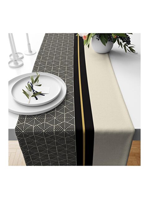 Evmila Krem Ve Siyah Desen Kadife Runner 40x140 cm - S000085925-23173