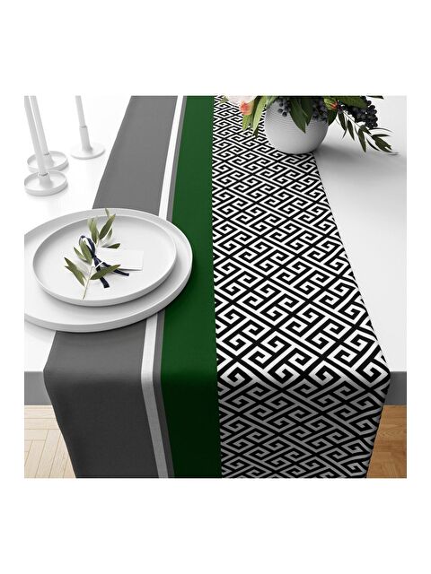 Evmila Gri Ve Yeşil Desen Kadife Runner 40x140 cm - S000085930-23173