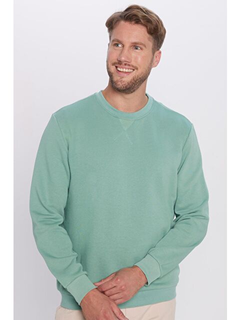 TUDORS Unisex Oversize Geniş Kesim Pamuklu Basic Yeşil Bisiklet Yaka Sweatshirt - S000267642-18194