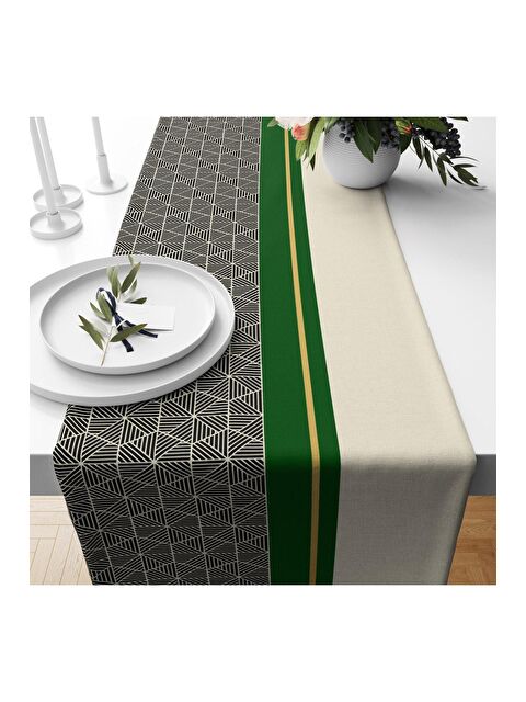 Evmila Krem Ve Yeşil Desen Kadife Runner 40x140 cm - S000085940-23173