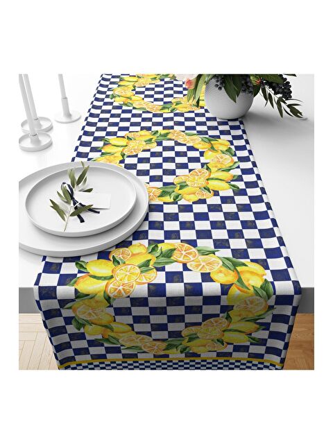 Evmila Mavi Pötikare Limon Desenli Kadife Runner 40x140 cm - S000085955-23173