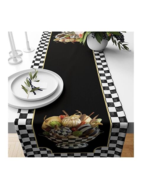 Evmila Siyah Pötikare Balkabağı Desenli Kadife Runner 40x140 cm - S000085959-23173