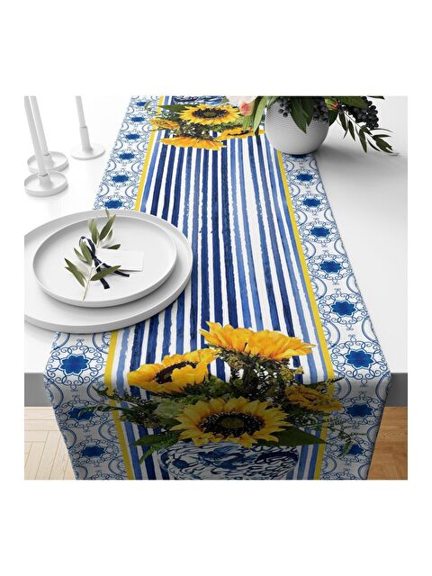 Evmila Mavi Pötikare Ayçiçeği Desenli Kadife Runner 40x140 cm - S000085960-23173