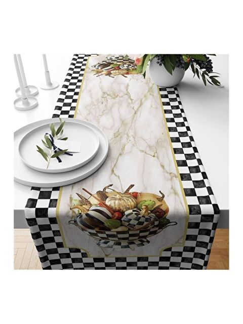 Evmila Siyah Pötikare Balkabağı Desenli Kadife Runner 40x140 cm - S000085971-23173