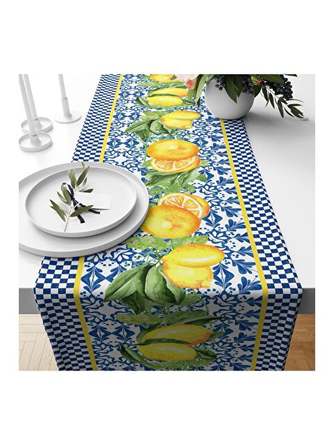 Evmila Mavi Pötikare Limon Desenli Kadife Runner 40x140 cm - S000085993-23173
