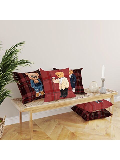 Evmila Kadife Doku Çift Taraf Baskılı Teddy Bear Desen 43x43 cm 4'lü Kırlent Kılıfı Seti - S000025147-23173