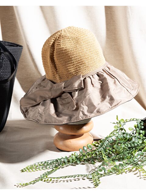 Luminos Butik Camel Kumaş Ve Örgü Detaylı El Örgüsü Geniş Hasır Şapka HSR2111 - S000367503-4557