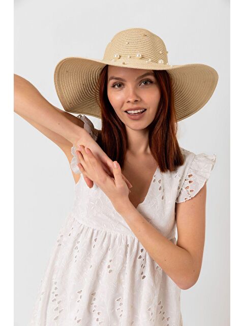 Luminos Butik Bej Incili Geniş Hasır Şapka Kutulu Gönderim Hsr2069