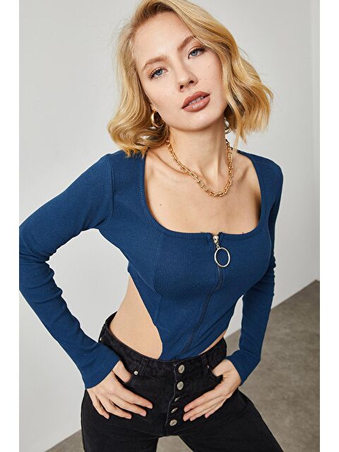 Xhan Lacivert Bel Dekolteli & Dermuar Detaylı Kaşkorse Bluz 2KXK2-45737-14 - S000032997-21164