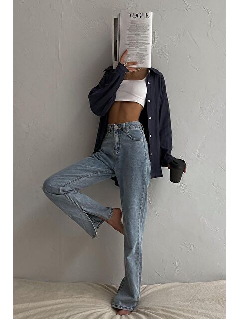 Madmext Mavi Yüksek Bel Paçası Yırtmaçlı Kadın Jean Mg1384 - S000029447-17234