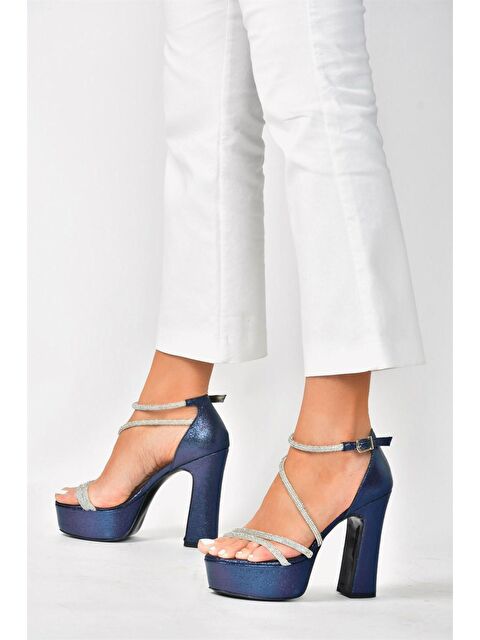 Fox Shoes Lacivert Suni Deri Platform Kalın Topuklu Kadın Abiye Ayakkabı M348202614 - S000044305-21164