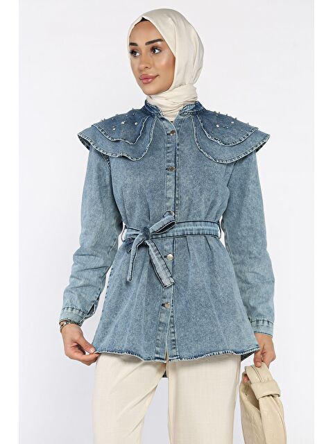 Julude Bebe Yaka Bel Kuşaklı Tesettür Jean Jean Tunik - S000432869-17234