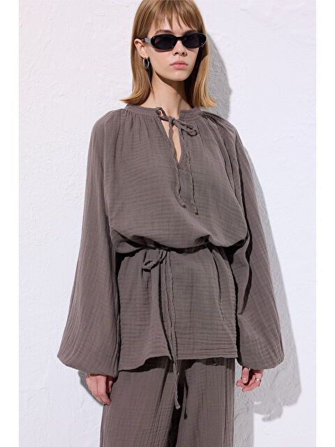 Manuka Müslin Bağlamalı Bluz Gri - S000410583-20600