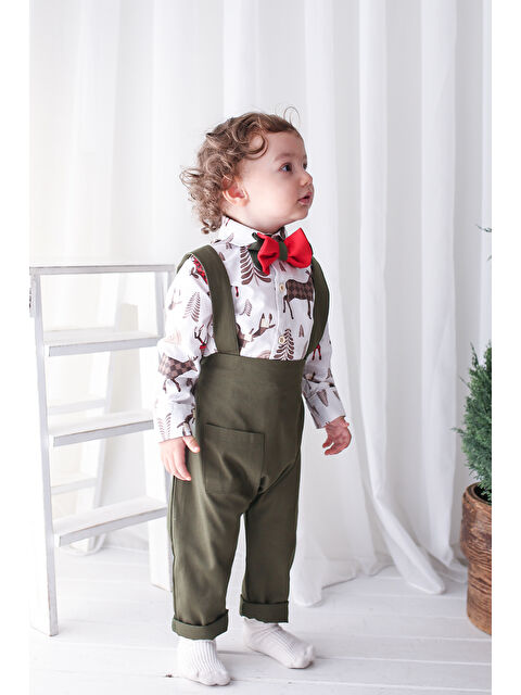 Catz Kids Yeni Yıl Kırmızı Haki Harem Salopet + Geyik Desen Gömlek + Papyon - S000317437-37304