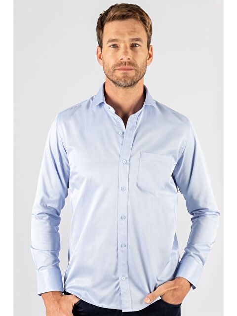 TUDORS Erkek Regular Fit Klasik Kesim Pamuklu Düz Mavi Gömlek - S000072266-17234