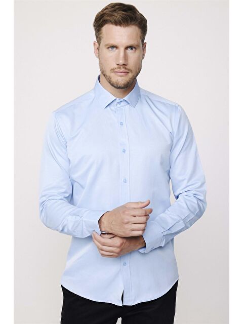 TUDORS Erkek Modern Slim Fit Düz Saten Pamuklu Mavi Gömlek - S000072267-17234