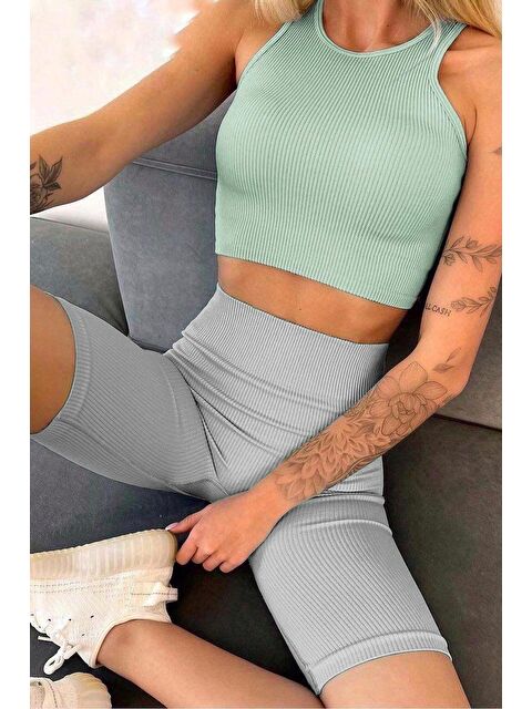 Madmext Boyalı Gri Yüksek Bel Kadın Fitilli Biker Tayt Mg1675