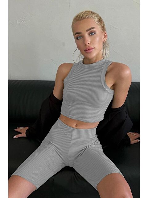 Madmext Boyalı Gri Yüksek Bel Kadın Fitilli Biker Tayt Mg1675 - S000030337-22875