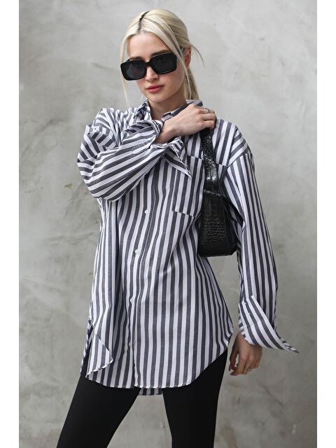 Madmext Antrasit Çizgili Oversize Kadın Gömlek Mg1688 - S000030132-29666