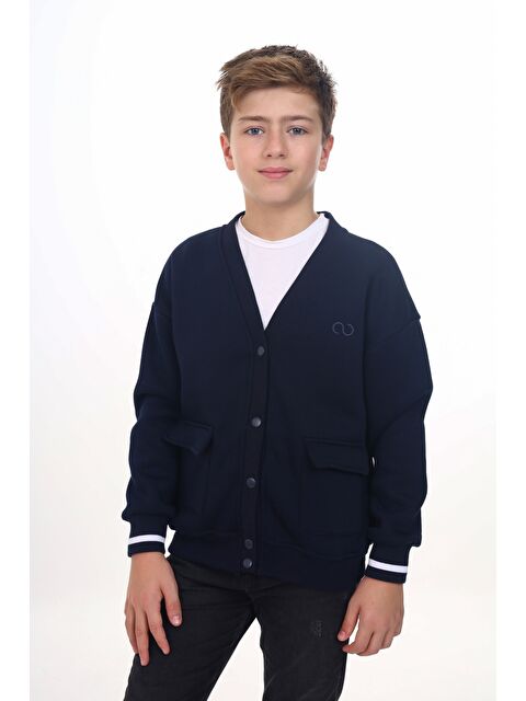 Toontoykids Erkek Çocuk V Yaka Çıtçıt Kapama Cepli Düşük Omuz Nakış Baskılı Örme Hırka - 2 İplik Şardonlu - S000310773-21164