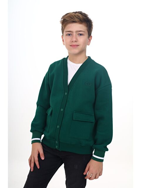 Toontoykids Erkek Çocuk V Yaka Çıtçıt Kapama Cepli Düşük Omuz Nakış Baskılı Örme Hırka - 2 İplik Şardonlu - S000310773-18194