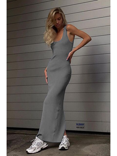 Madmext Füme Kare Yaka Uzun Yırtmaçlı Elbise Mg1828
