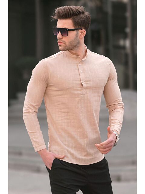 Madmext Bej Keten Görünümlü Regular Kalıp Erkek %100 Pamuk Gömlek 5586 - S000016140-19928
