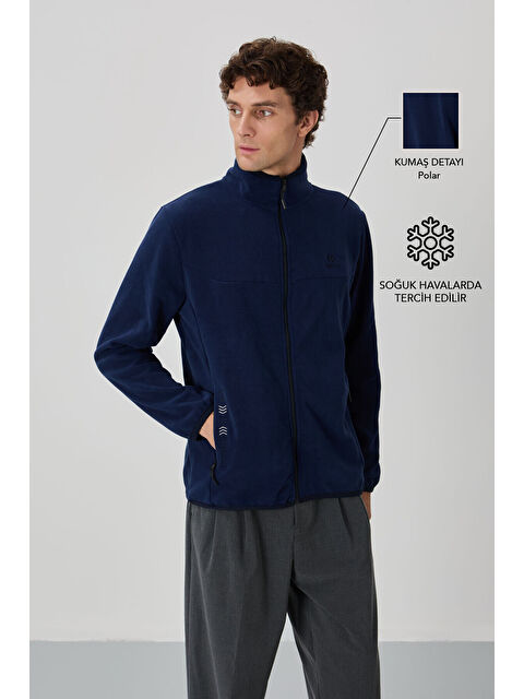 Tommylife İndigo Yazı Nakışlı Dik Yaka  Standart Kalıp Erkek Fermuarlı Sweatshirt Polar - 87992 - S000084388-23093