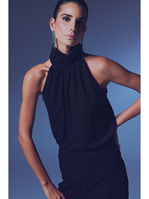 SATEEN Kolsuz Parlak Bluz - Siyah - S000323389-19351