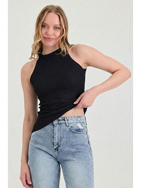 gothamVibes Kadın Halter Yaka Siyah Fitilli T-Shirt