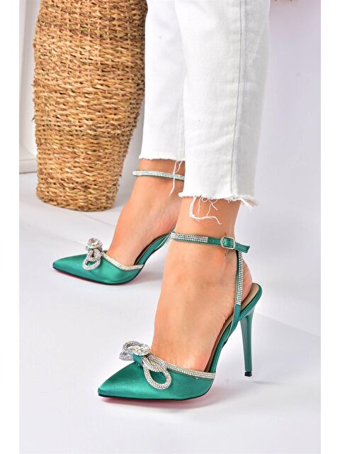 Fox Shoes Yeşil Saten Kumaş Taşlı Kadın Topuklu Ayakkabı K654051204 - S000043199-18194