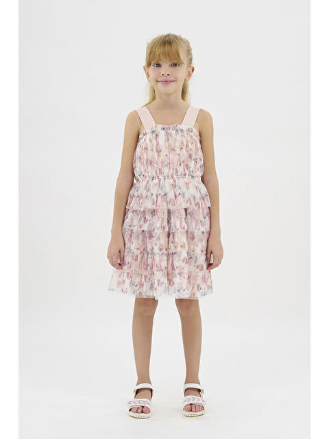 Panço Kız Çocuk Çiçek Desenli Pudra Tül Abiye Elbise - S000269774-7152