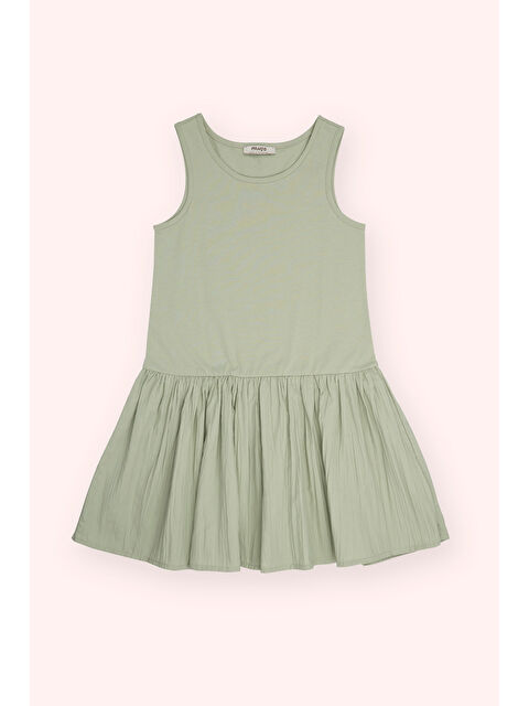 Panço Kız Çocuk Alt Bedeni Dokuma Üst Bedeni Örme Haki Elbise - S000393839-18547