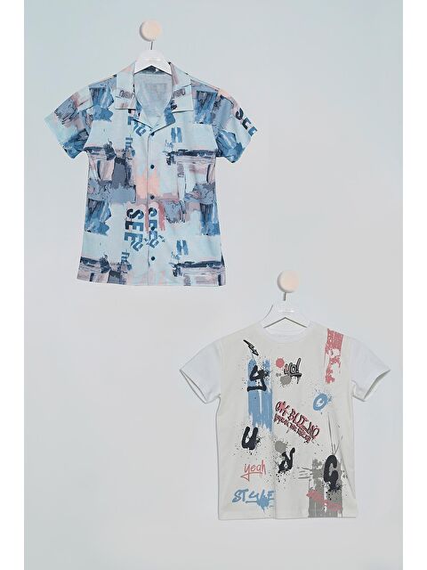 For You Kids 2'Li See Baskılı Gömlek Tshirt İndigo Takım - S000016621-23093
