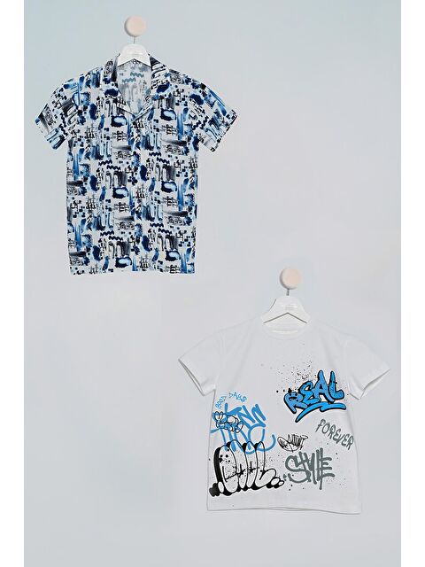 For You Kids 2'Li Asimetrik Baskılı Gömlek Tshirt Saks Takım - S000016622-23710