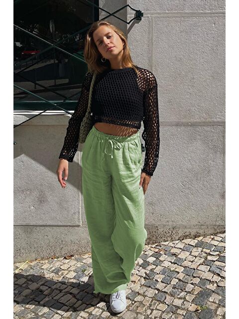 Madmext Yeşil Beli Büzgülü Wide Leg Kumaş Pantolon Mg1950