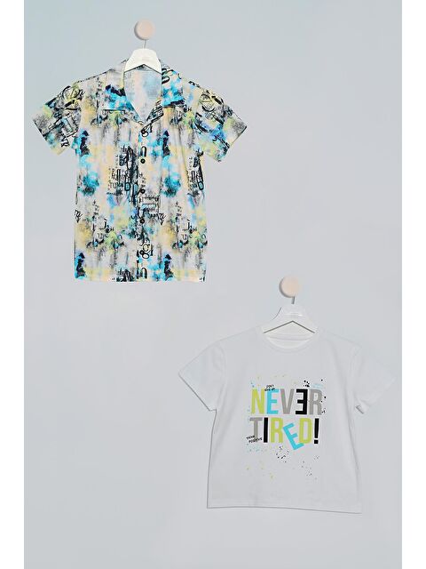 For You Kids 2'li Sarı Mavi Baskılı Gömlek Tshirt Takım - S000016625-17234