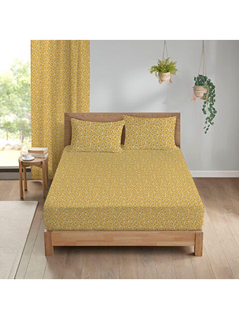 Evmila Modern Desen Baskılı Çift Kişilik Lastikli Çarşaf Seti Sarı 180x200 cm - S000048826-23173