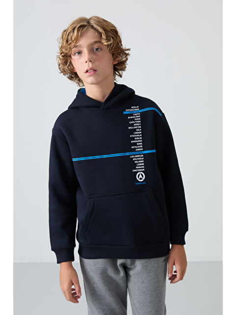 Tommylife Lacivert Pamuklu Kalın İçi Tüylü Yumuşak Dokulu Standart Fit Baskılı Erkek Çocuk Sweatshirt - 11239