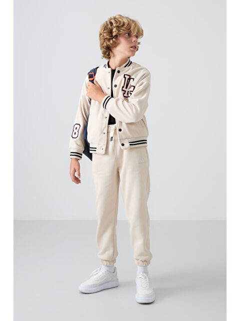Tommylife Bej Kalın Yumuşak Dokulu Standart Fit Nakışlı Polar Erkek Çocuk Kolej Ceket - 11227 - S000330256-19928