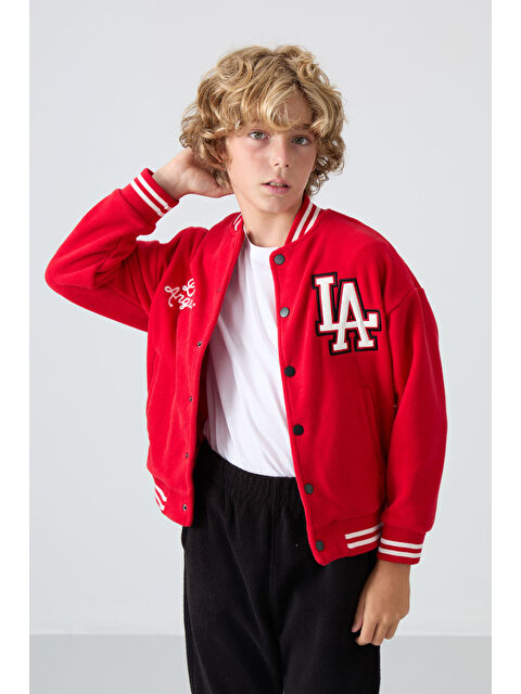 Tommylife Kırmızı Kalın Yumuşak Dokulu Standart Fit Nakışlı Polar Erkek Çocuk Kolej Ceket - 11227 - S000330256-20045