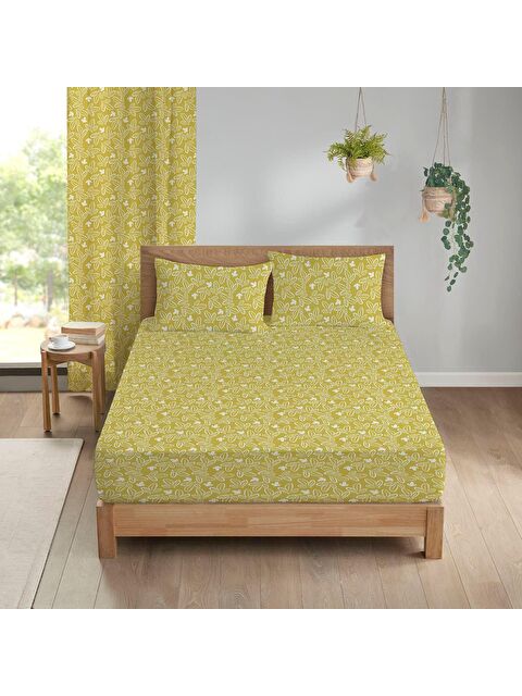 Evmila Modern Desen Baskılı Çift Kişilik Lastikli Çarşaf Seti Sarı 180x200 cm - S000048834-23173