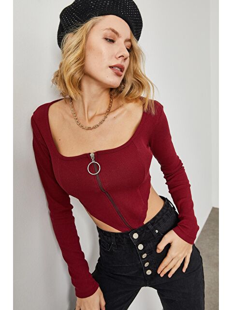 Xhan Bordo Bel Dekolteli & Dermuar Detaylı Kaşkorse Bluz 2KXK2-45737-05 - S000032997-19951