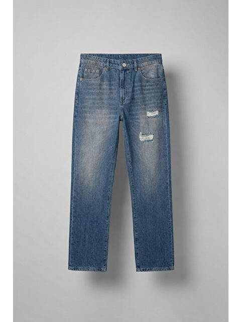 Abluka Online Erkek Yırtık Soluk Efektli Baggy Fit Jean Mavi - S000481834-17234