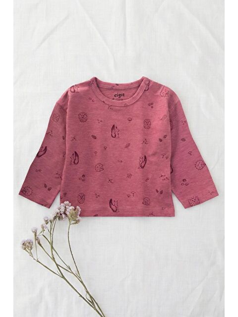 CİGİT Uzun Kollu Desenli T-Shırt 0-3 Yaş Mürdüm - S000439065-20036